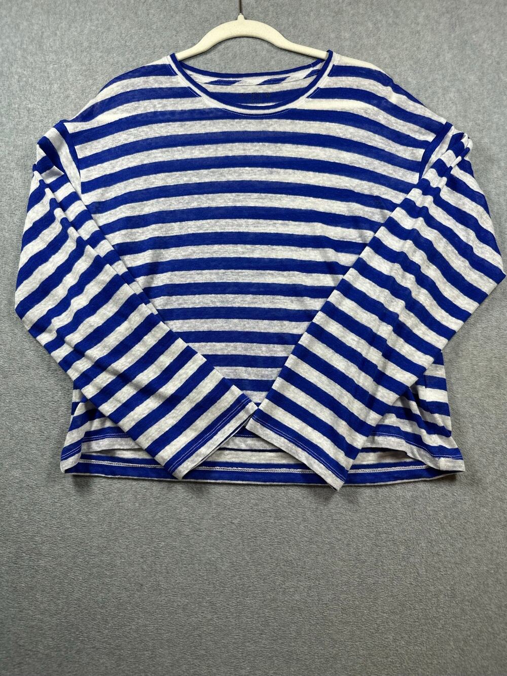 J. Crew Long Sleeve Linen Top Women's Medium Blue White Striped Crewneck
